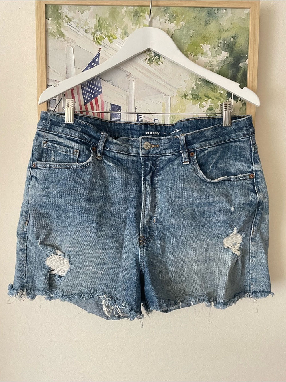 Old Navy OG Straight High Rise Distressed Denim Shorts Blue Size 16